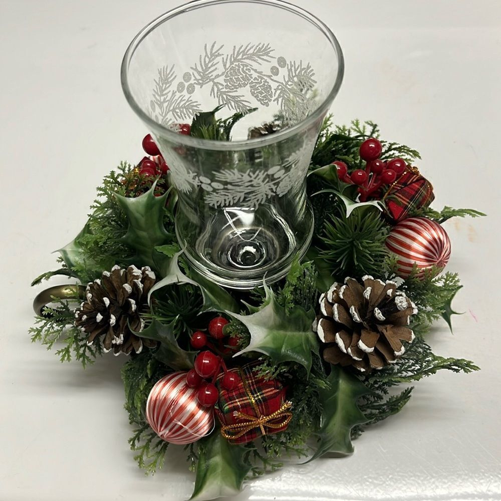 Metal Vintage Candlestick Holder Glass Etched Votive with Christmas Floral Ring